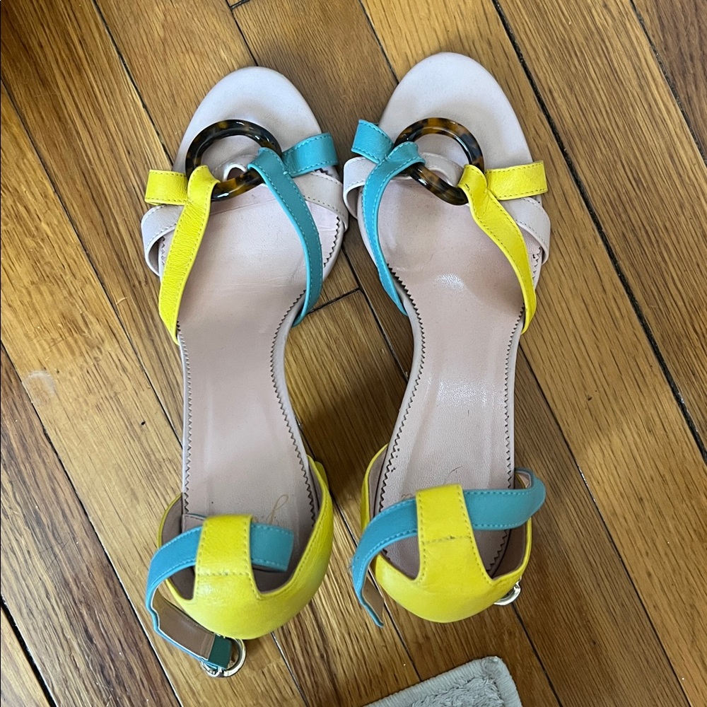 J. Crew Yellow and Teal Colorblock Sandals with Tortoise Ring